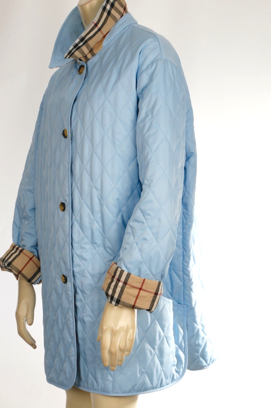 Burberry London Light Blue Diamond Quilted Barn Jacket Nova Check Trim Coat XL